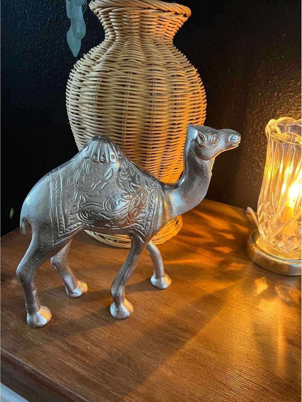 Ornate Silver Tone Metal Camel Figurine Floral Etched Boho Home Decor 9”